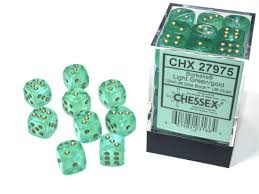 Dice Chessex 12D6 Borealis:  Light Green/Gold