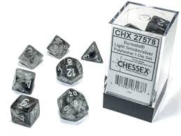 Dice Chessex 7-Dice Set Borealis:  Light Smoke / Silver