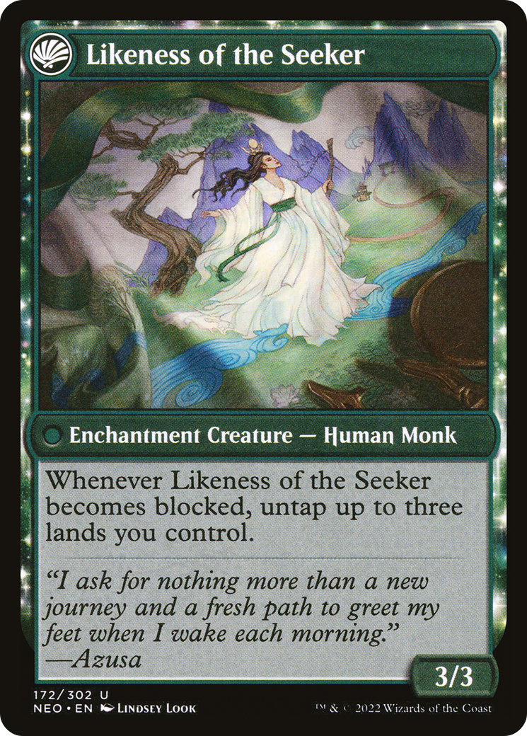 Azusa's Many Journeys // Likeness of the Seeker (NEO-172) - Kamigawa: Neon Dynasty: (fandfc, enchantment) Foil